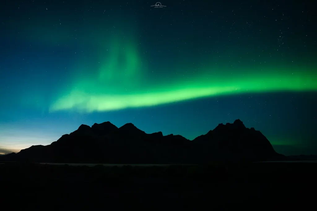 Blue hour aurora at Vestrahorn mountain Tales and Trails